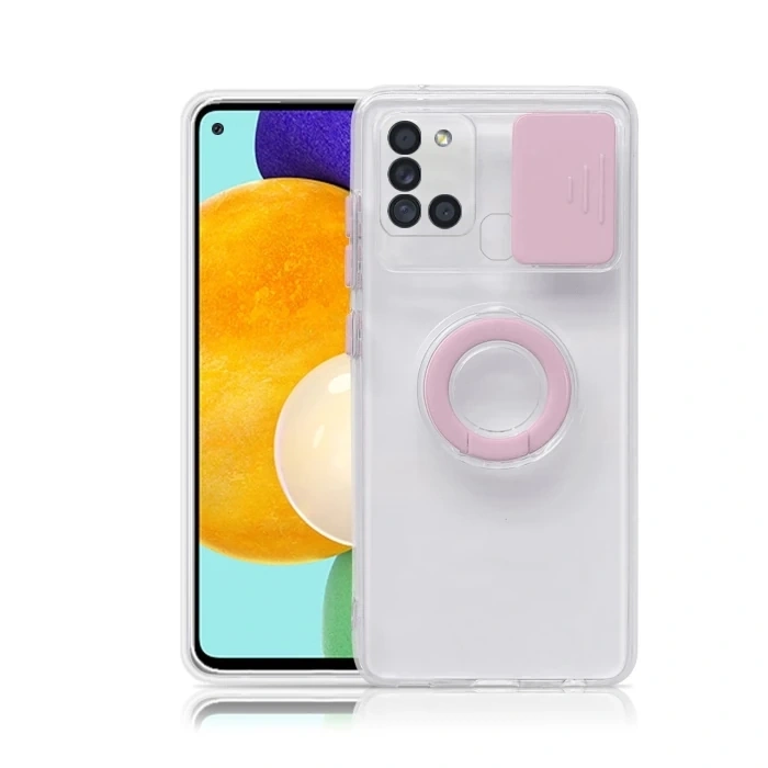 SM Galaxy A21S (SM-A217) Kılıf Sürgülü Kamera Lens Korumalı Yüzük Standlı Silikon Kılıf-(1903)