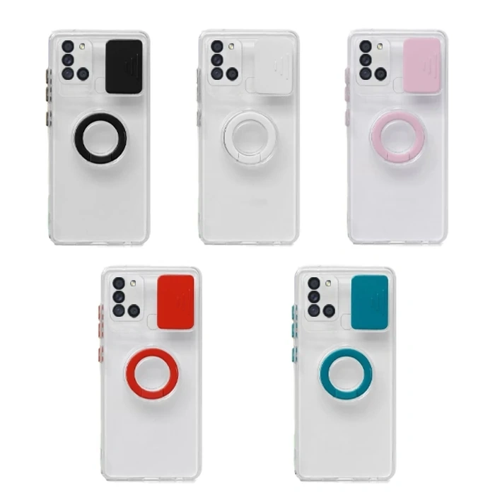 SM Galaxy A21S (SM-A217) Kılıf Sürgülü Kamera Lens Korumalı Yüzük Standlı Silikon Kılıf-(1903)