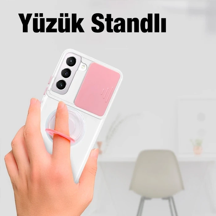 SM Galaxy S21 Plus - S30 Plus Kılıf Sürgülü Kamera Lens Korumalı Yüzük Standlı Silikon Kılıf-(1903)