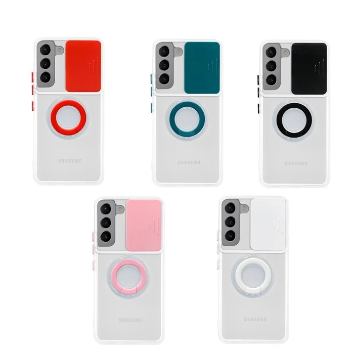 SM Galaxy S22 Kılıf Sürgülü Kamera Lens Korumalı Yüzük Standlı Silikon Kılıf-(1903)