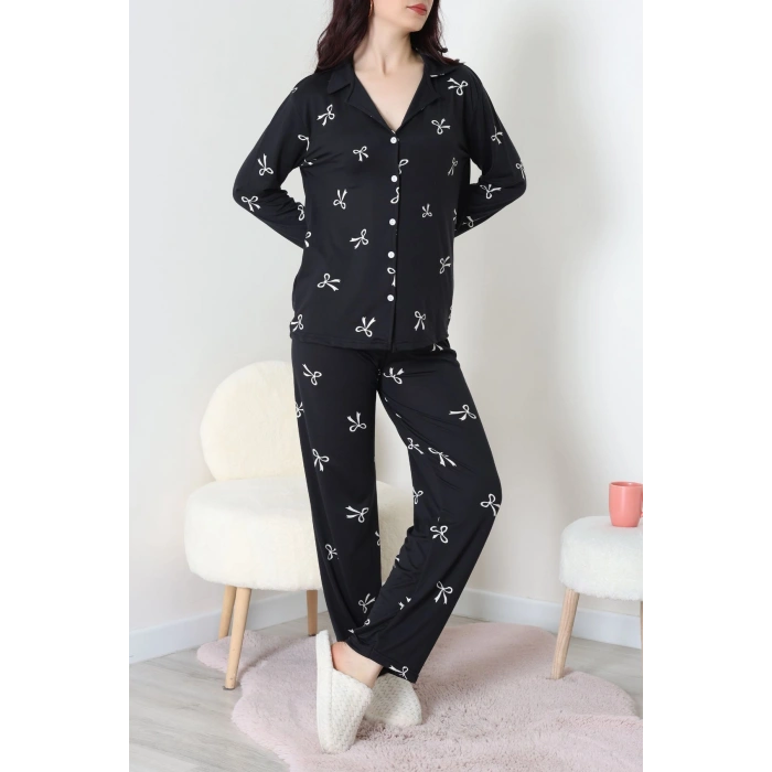 Soft Milan Düğmeli Pijama Takımı Siyahbeyaz - 7511.1287.