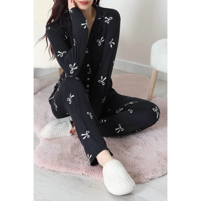 Soft Milan Düğmeli Pijama Takımı Siyahbeyaz - 7511.1287.