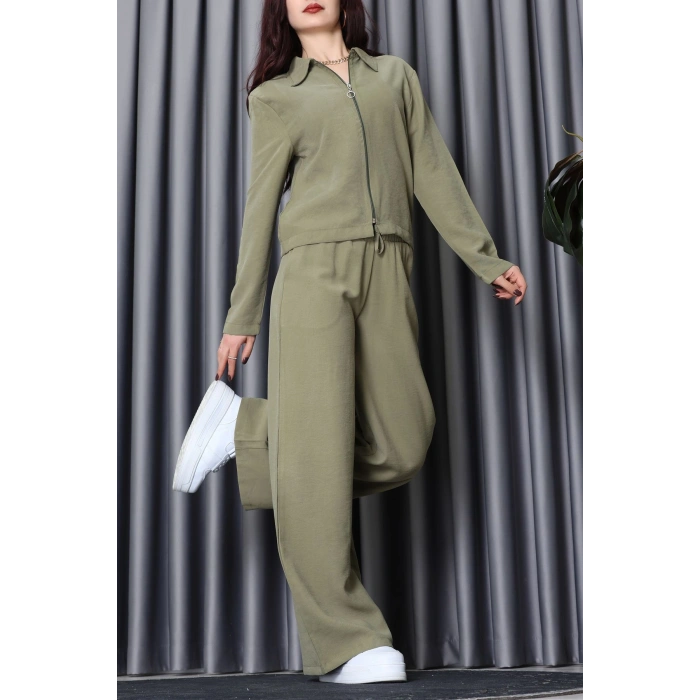 Soft Touch Dokuma Modal Fermuarlı İkili Takım Haki - 55012.1837.