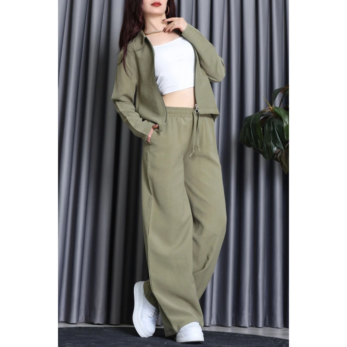 Soft Touch Dokuma Modal Fermuarlı İkili Takım Haki - 55012.1837.