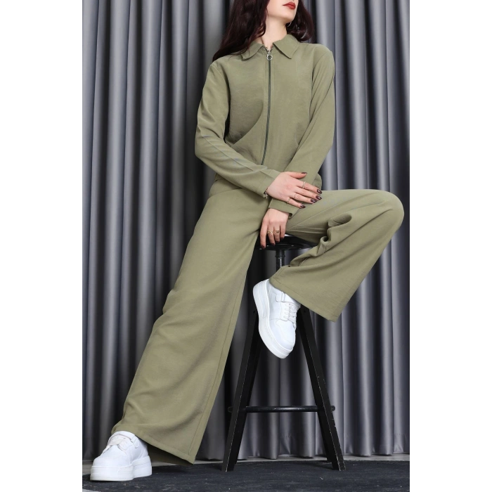 Soft Touch Dokuma Modal Fermuarlı İkili Takım Haki - 55012.1837.