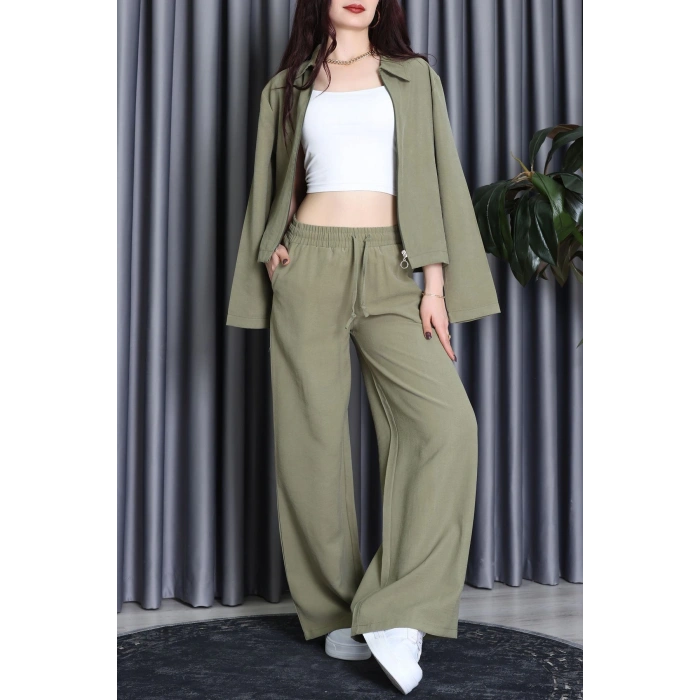 Soft Touch Dokuma Modal Fermuarlı İkili Takım Haki - 55012.1837.