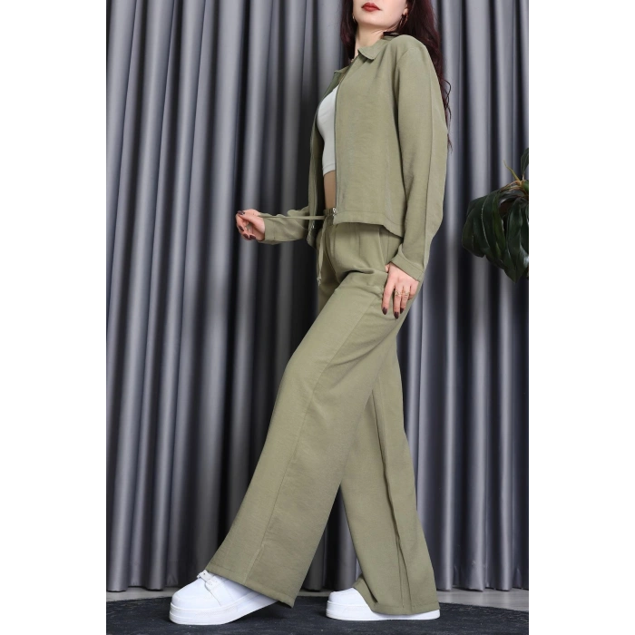 Soft Touch Dokuma Modal Fermuarlı İkili Takım Haki - 55012.1837.