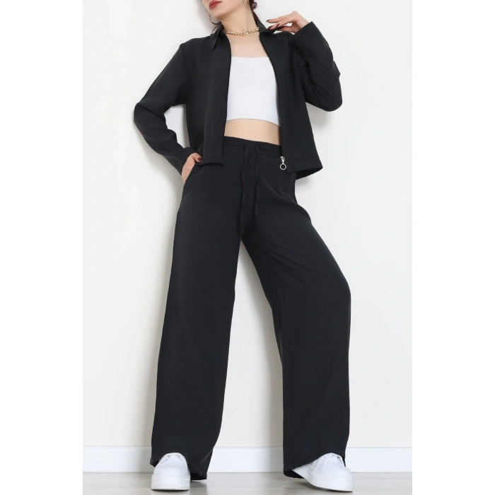 Soft Touch Dokuma Modal Fermuarlı İkili Takım Siyah - 55012.1837.