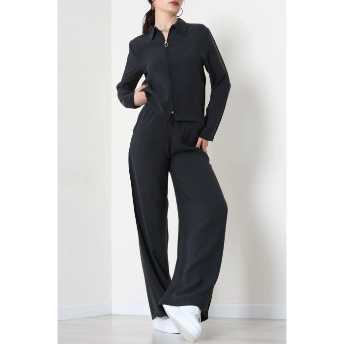 Soft Touch Dokuma Modal Fermuarlı İkili Takım Siyah - 55012.1837.