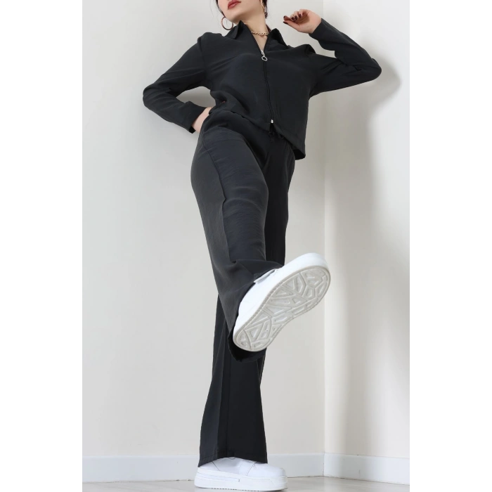 Soft Touch Dokuma Modal Fermuarlı İkili Takım Siyah - 55012.1837.