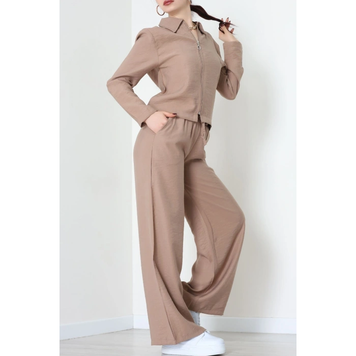 Soft Touch Dokuma Modal Fermuarlı İkili Takım Sütlükahve - 55012.1837.