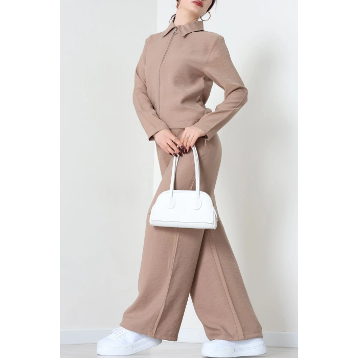 Soft Touch Dokuma Modal Fermuarlı İkili Takım Sütlükahve - 55012.1837.