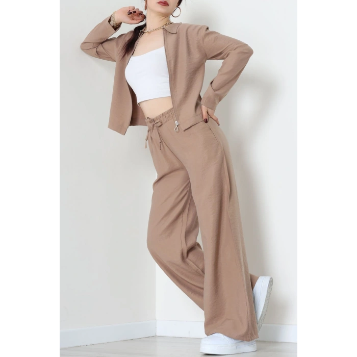 Soft Touch Dokuma Modal Fermuarlı İkili Takım Sütlükahve - 55012.1837.