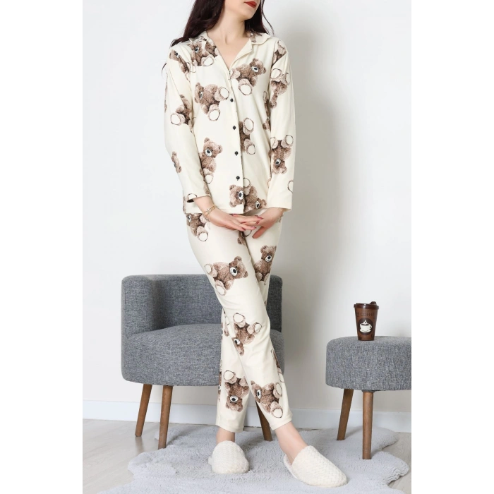 Süet Düğmeli Pijama Takımı Bejayı - 52179.2124.