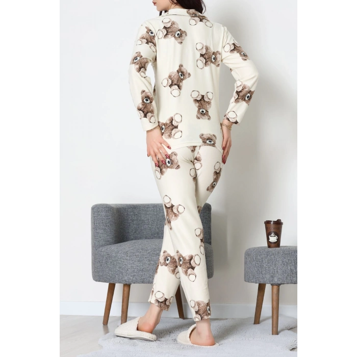 Süet Düğmeli Pijama Takımı Bejayı - 52179.2124.