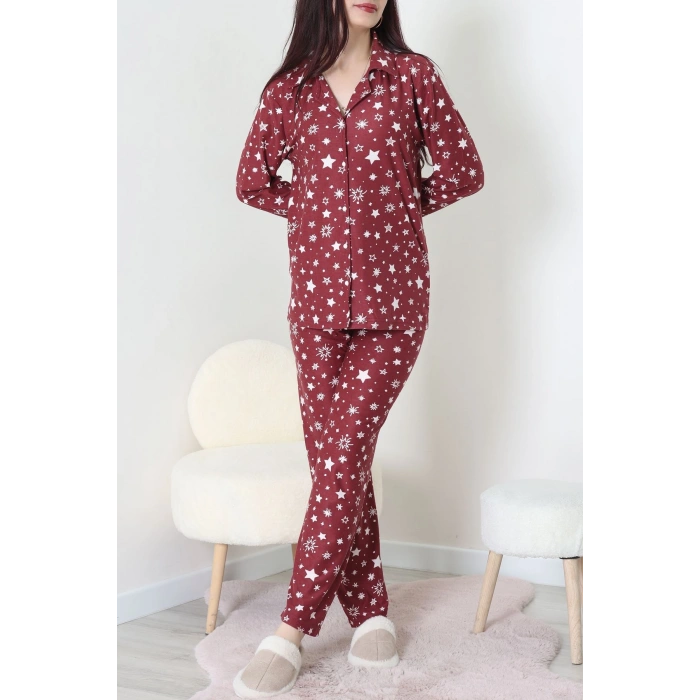Süet Düğmeli Pijama Takımı Bordo - 31876.1049.