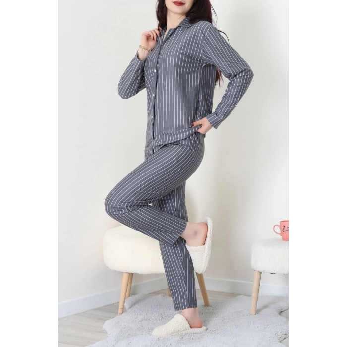 Süet Düğmeli Pijama Takımı Füme - 52179.2124.