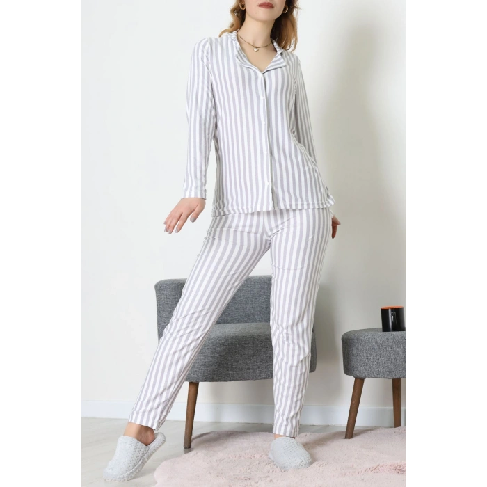 Süet Düğmeli Pijama Takımı Griçizgili - 52199.1783.