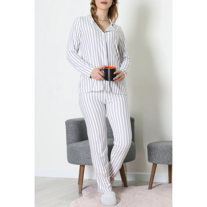 Süet Düğmeli Pijama Takımı Griçizgili - 52199.1783.