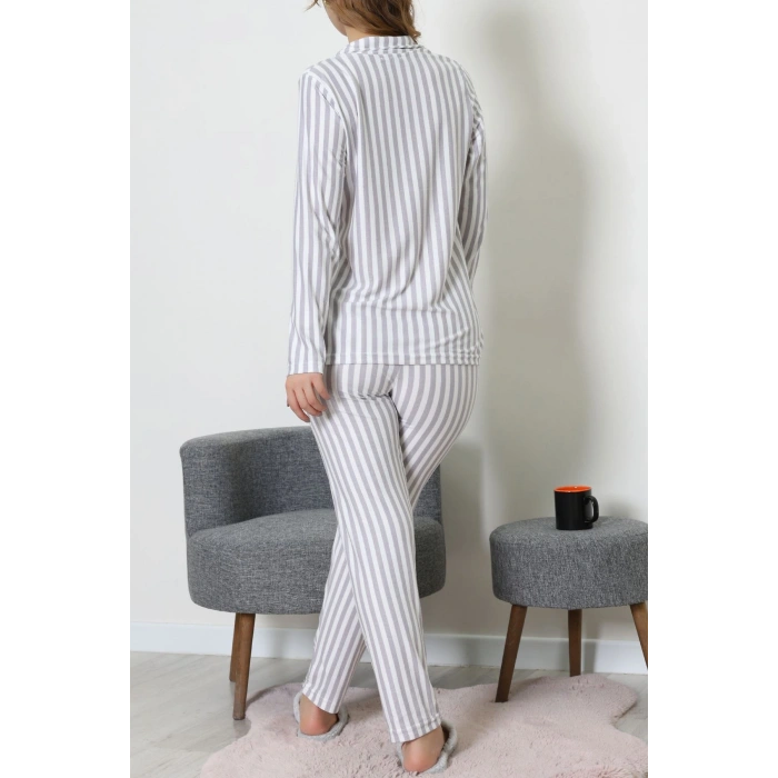 Süet Düğmeli Pijama Takımı Griçizgili - 52199.1783.