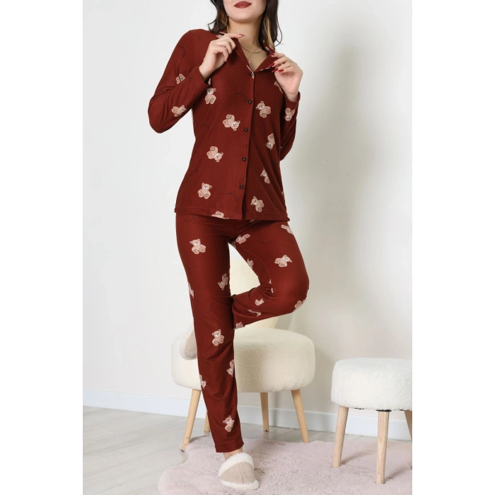 Süet Düğmeli Pijama Takımı Kahve - 52199.1783.