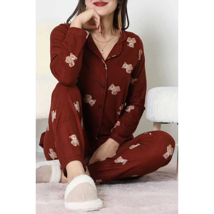 Süet Düğmeli Pijama Takımı Kahve - 52199.1783.
