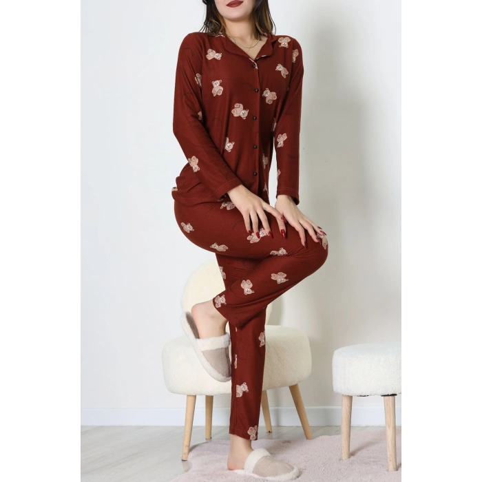 Süet Düğmeli Pijama Takımı Kahve - 52199.1783.
