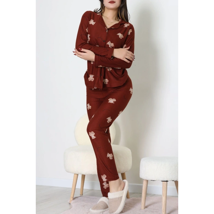 Süet Düğmeli Pijama Takımı Kahve - 52199.1783.