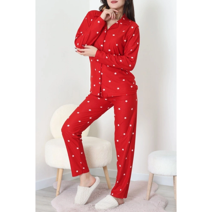 Süet Düğmeli Pijama Takımı Kırmızı - 31876.1049.