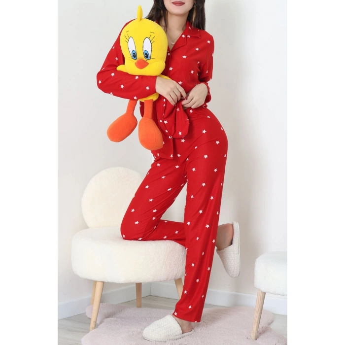 Süet Düğmeli Pijama Takımı Kırmızı - 31876.1049.