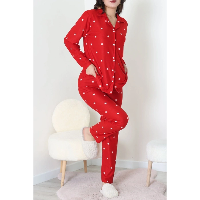 Süet Düğmeli Pijama Takımı Kırmızı - 31876.1049.