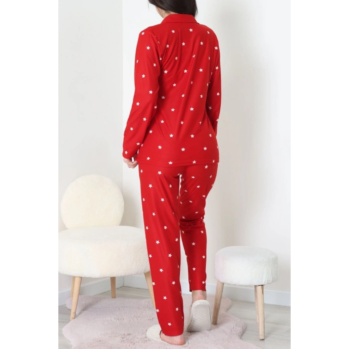 Süet Düğmeli Pijama Takımı Kırmızı - 31876.1049.