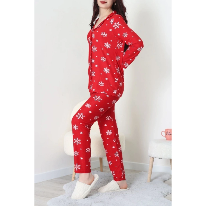 Süet Düğmeli Pijama Takımı Kırmızı - 52199.1783.