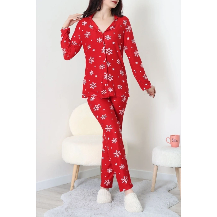 Süet Düğmeli Pijama Takımı Kırmızı - 52199.1783.