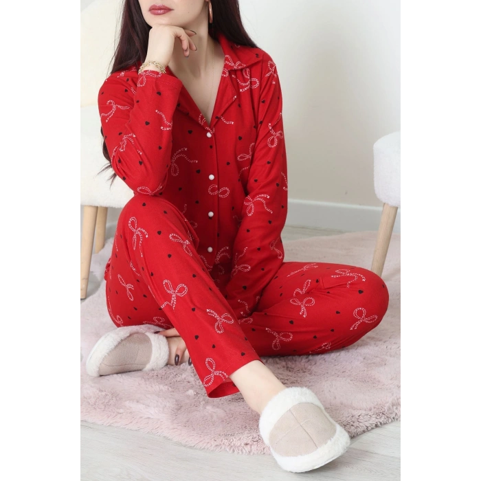 Süet Düğmeli Pijama Takımı Kırmızı1 - 31876.1049.