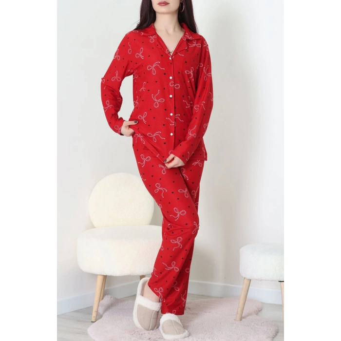 Süet Düğmeli Pijama Takımı Kırmızı1 - 31876.1049.