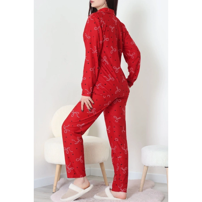 Süet Düğmeli Pijama Takımı Kırmızı1 - 31876.1049.