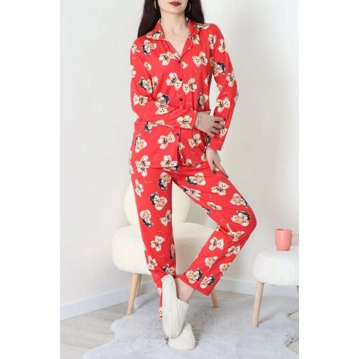 Süet Düğmeli Pijama Takımı Kırmızıbej - 55014.1048.