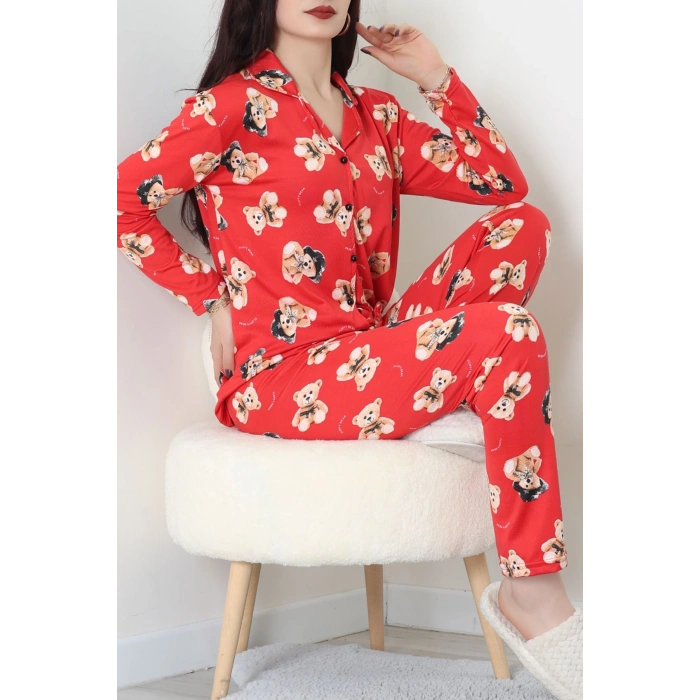 Süet Düğmeli Pijama Takımı Kırmızıbej - 55014.1048.