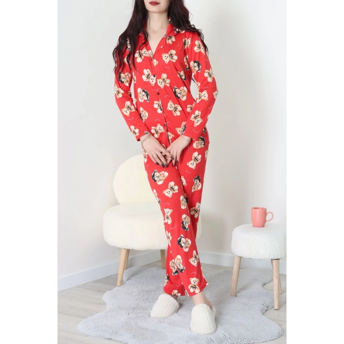 Süet Düğmeli Pijama Takımı Kırmızıbej - 55014.1048.