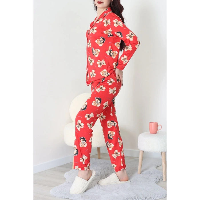 Süet Düğmeli Pijama Takımı Kırmızıbej - 55014.1048.