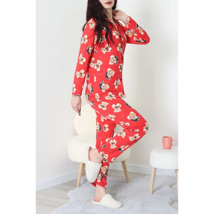 Süet Düğmeli Pijama Takımı Kırmızıbej - 55014.1048.