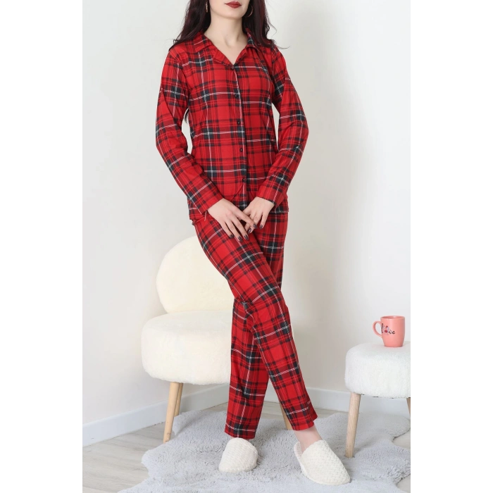 Süet Düğmeli Pijama Takımı Kırmızıekose - 52171.1050.