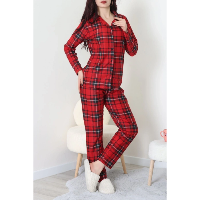 Süet Düğmeli Pijama Takımı Kırmızıekose - 52171.1050.