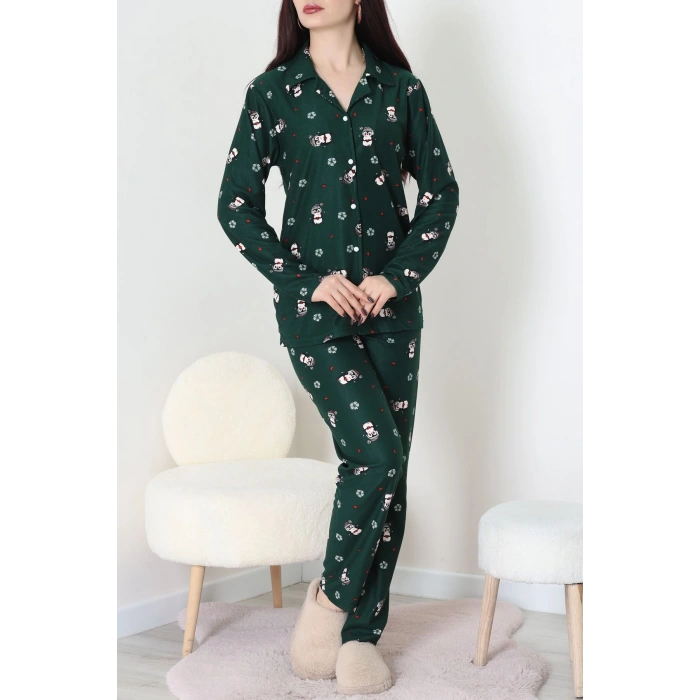 Süet Düğmeli Pijama Takımı Koyuyeşil - 31876.1049.