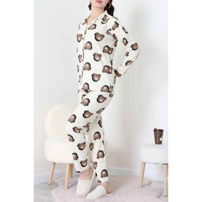 Süet Düğmeli Pijama Takımı Kremkahve - 52171.1050.