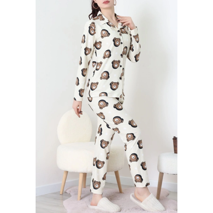 Süet Düğmeli Pijama Takımı Kremkahve - 52171.1050.