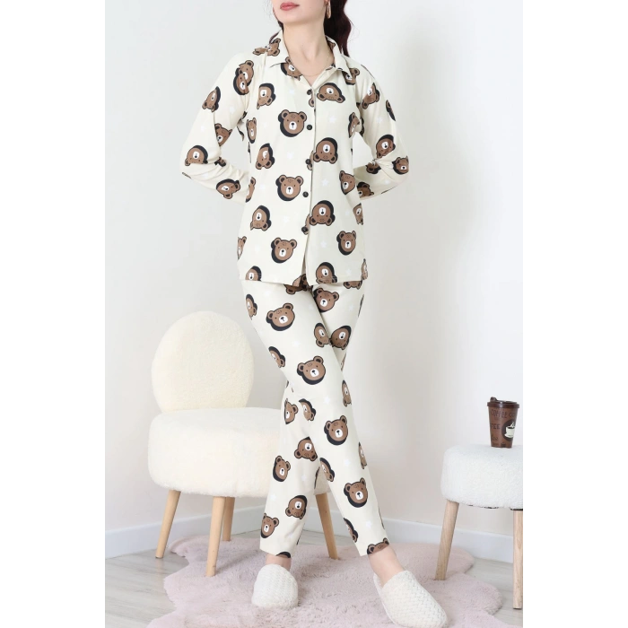 Süet Düğmeli Pijama Takımı Kremkahve - 52171.1050.