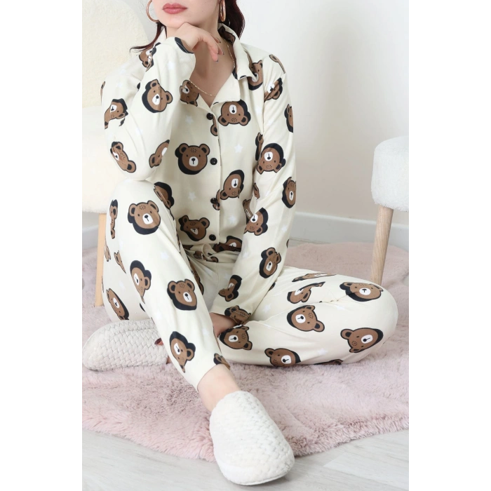 Süet Düğmeli Pijama Takımı Kremkahve - 52171.1050.