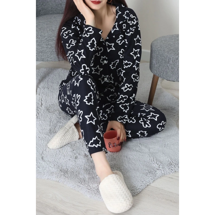 Süet Düğmeli Pijama Takımı Lacivert - 52171.1050.